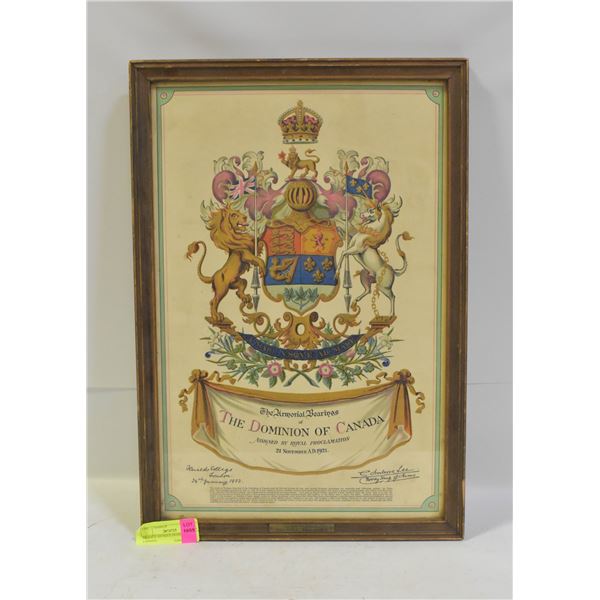 FRAMED ANTIQUE DOMINION OF CANADA 13.25" X 19.25"