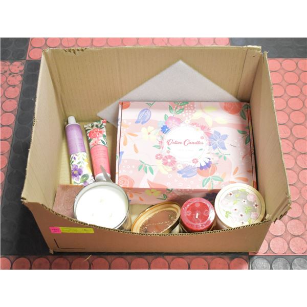 FLAT OF NEW/UNUSED CANDLES, HANDCREAM + SOAP BAR