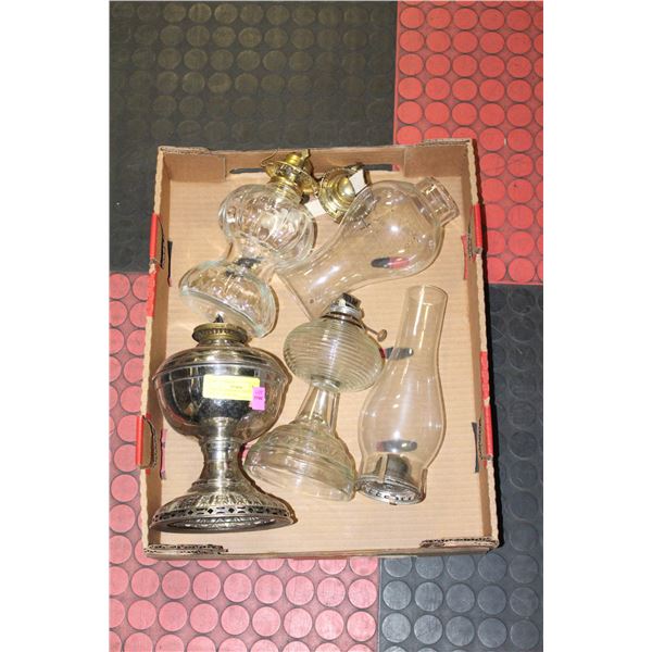 VINTAGE KEROSENE LAMPS & FLUTES ASSORTED