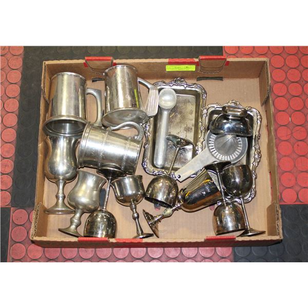 VINTAGE SILVER-PLATED+PEWTER MUGS, GOBLETS, TRAYS,