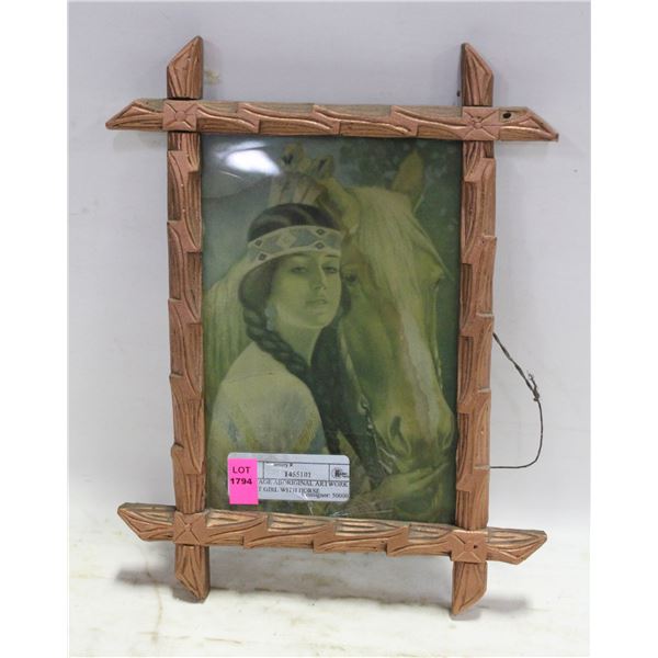 VINTAGE ABORIGINAL ARTWORK PRINT GIRL WITH HORSE