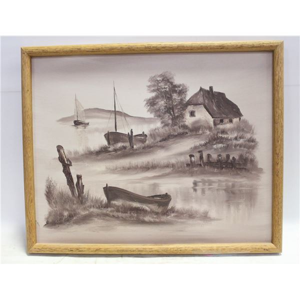 FRAMED PAINTING SERENE LANDSCAPE BOATS