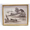 Image 1 : FRAMED PAINTING SERENE LANDSCAPE BOATS