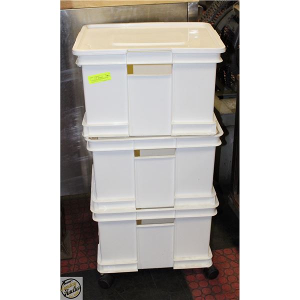 3 STACKING STORAGE BINS ON WHEELS 34 X 17 X 13