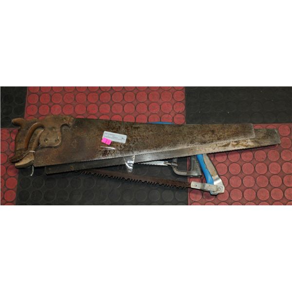 2 VINTAGE HAND SAWS WOOD/ 2 HACKSAWS