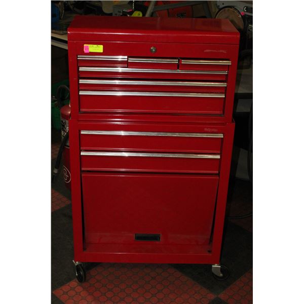 RED METAL WHEELED 2 TIER TOOL BOX- NO KEY
