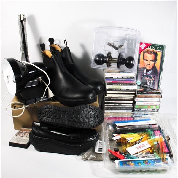 MIXED LOT OF ITEMS: CD’s, TABLE LAMP, DOOR HANDLE,
