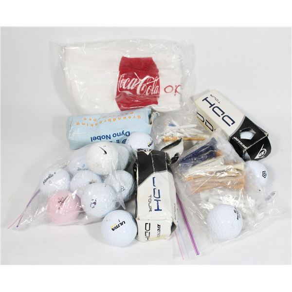 GROUPING OF GOLF TEES AND 22 GOLF BALLS ETC.