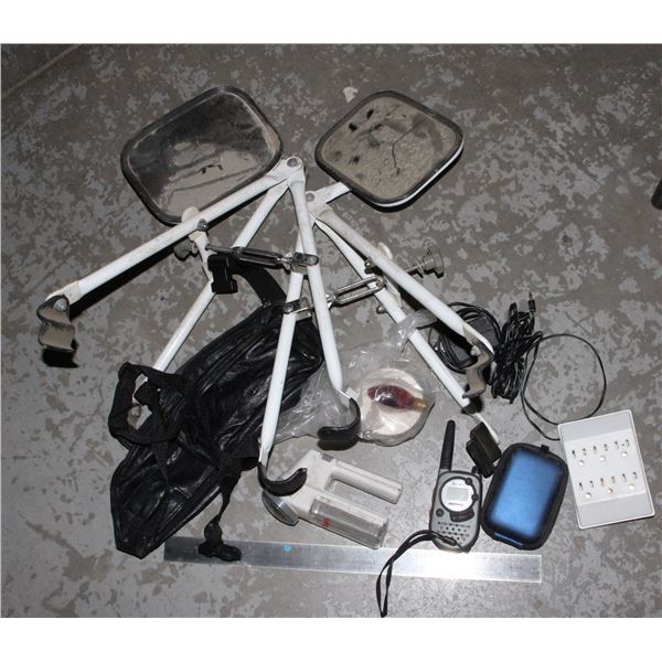 TOW MIRRORS AND BOX OF MISC. ITEMS