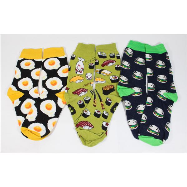 THREE NEW PAIRS OF FUN PATTERN ADULT SIZE SOCKS