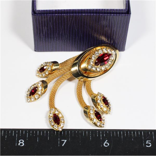BROCHE/ DECORATIVE PIN WITH RUBY LOOK GEMS