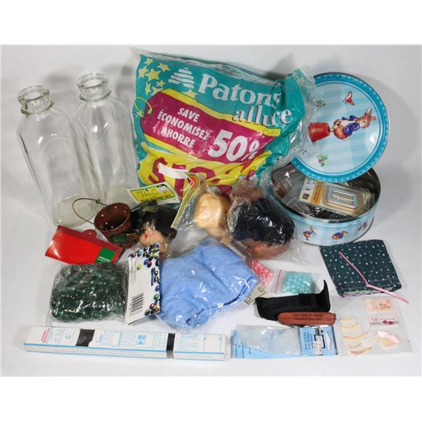 MIXED LOT OF MARBLES CRAFT SEWING ITEMS MILK JUGS