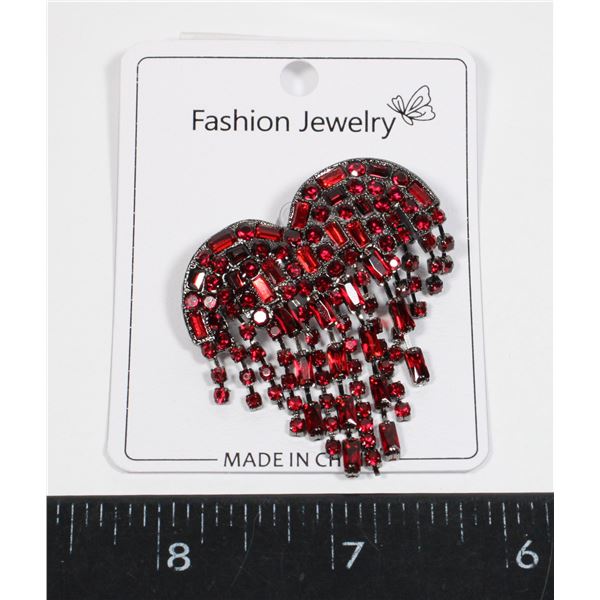 NEW TASSEL BLEEDING RHINESTONE HEART BROOCH