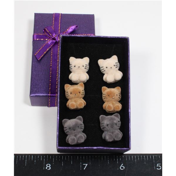 3 PC SET OF FUZZY KITTEN STUD EARRINGS