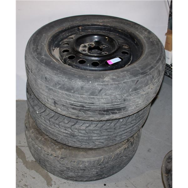 SET OF 3 TIRES ON RIMS. TIRES ARE TIGER CLAW