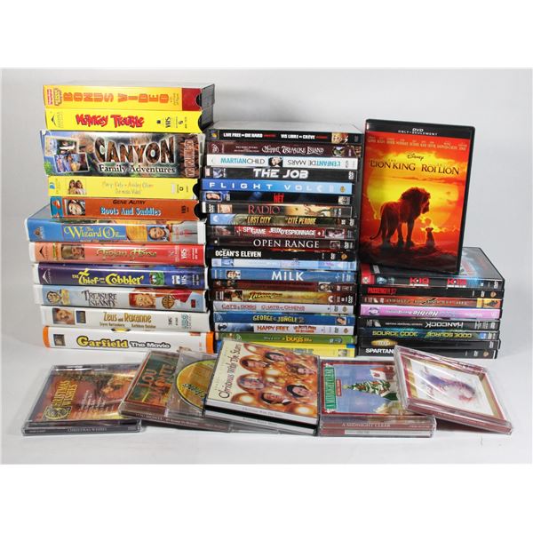 MIXED MEDIA LOT OF DVDS, CD, VHS