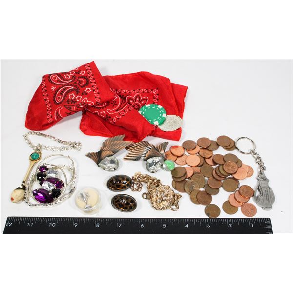 FLAT OF ASSORTED COINS, PINS, JEWELRY & MORE