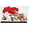 FLAT OF ASSORTED COINS, PINS, JEWELRY & MORE