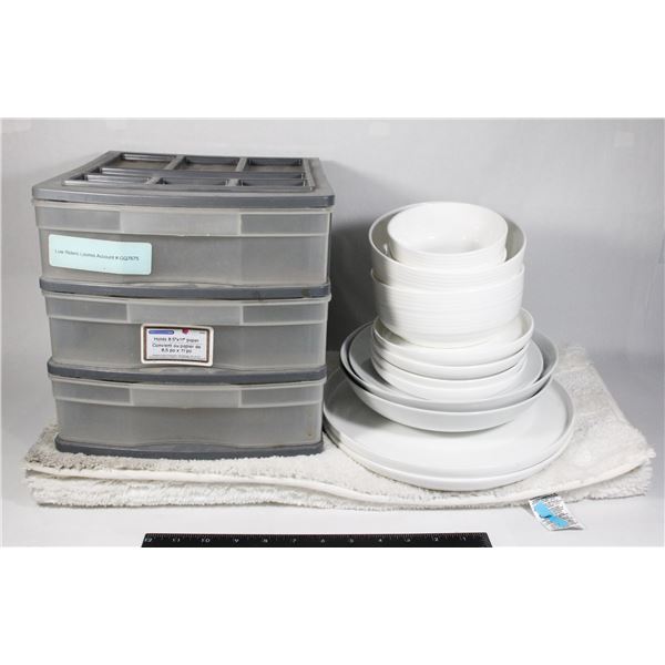 LOT OF MISC. HOME ITEMS. DISHES, ORGANIZER, RUG AND