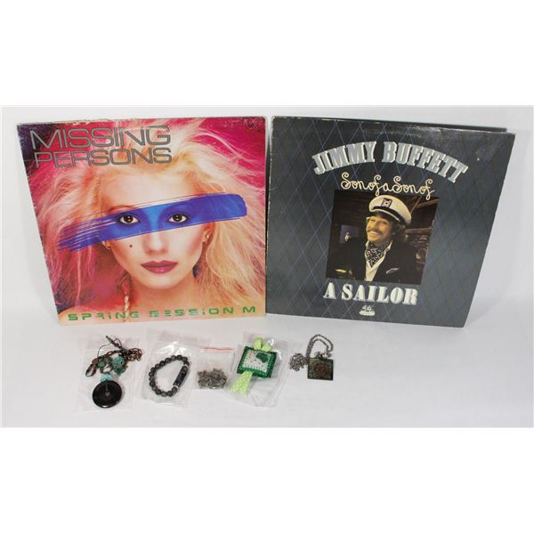 LOT OF MIXED JEWELRY AND 2 RECORDS
