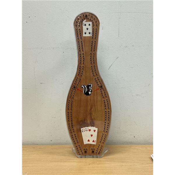 Bowling Pin Shaped Crib Board With Fishing Motif and pegs - approx: 15.25"