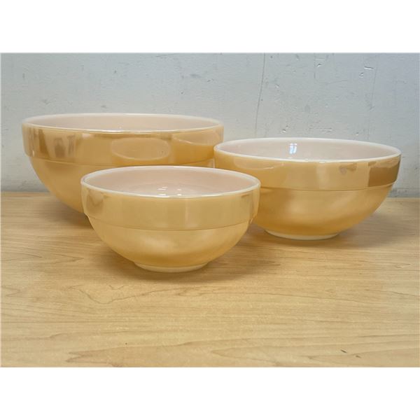 3 Fire King Peach Lustre Colonial Band Mixing Bowls - largest approx 9"