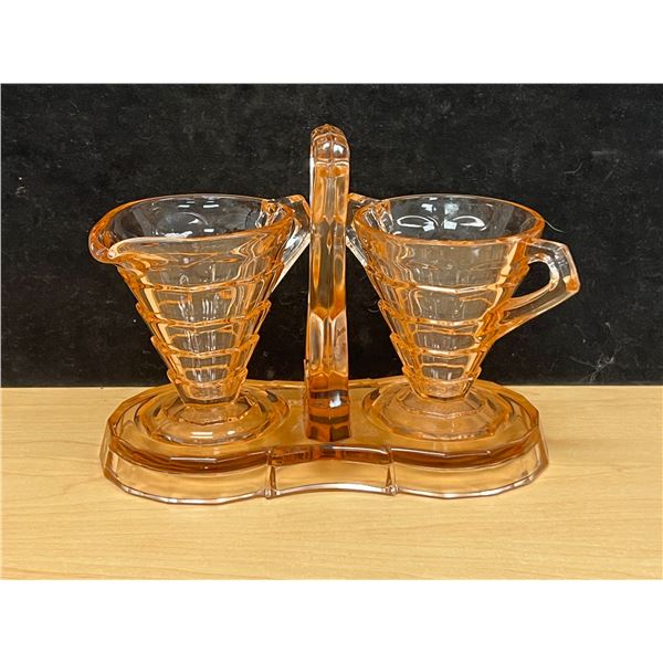 Pink Depression Glass Cream and Sugar with Caddy - see all photos