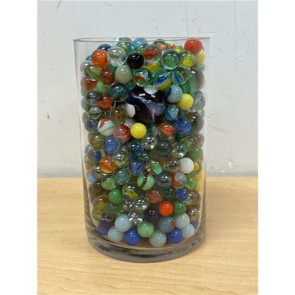 Large Glass Vase Full of Marbles - Approx: 7.75"T 5"W