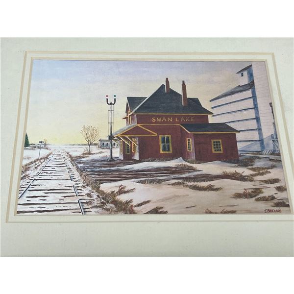 Joel Bouchard Swan Lake Grain Elevator / Train Station - Smaller Frame approx: 13.5 x 11.5"