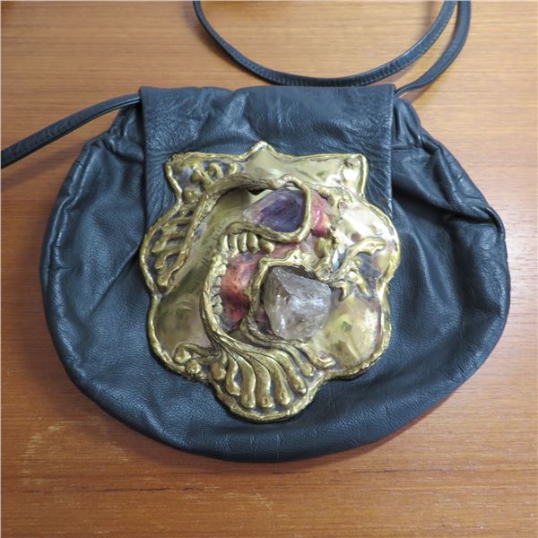 Vintage COPA COLLECTION brutalist purse.  Art on the front is brass, amethyst, quartz?