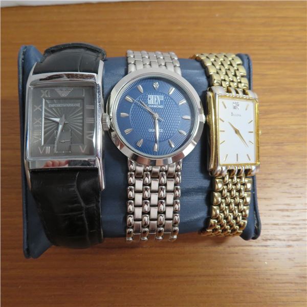 Men's watch lot.  All in working condition. EMPORIO ARMANI, GRUEN & BULOVA - No COA