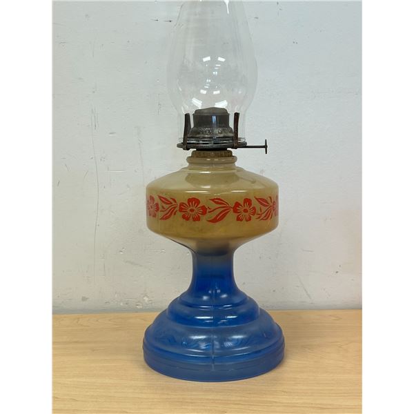 Vintage Blue Pedestal / Red Floral Oil Lamp with glass shade