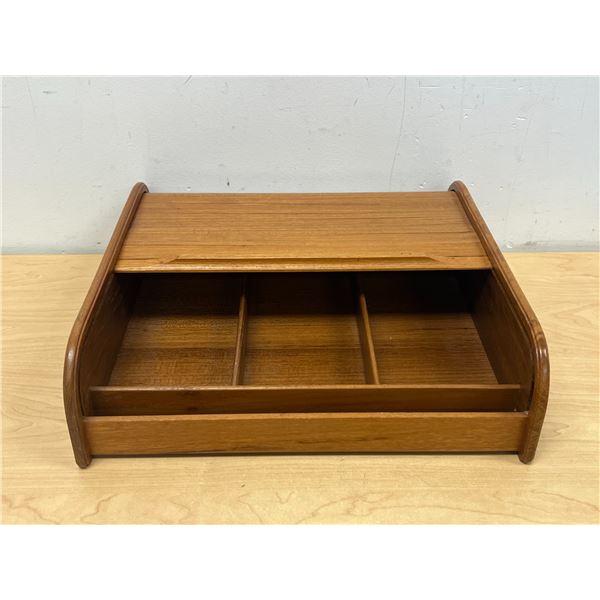 Teak Tambour Door Storage Box / Organizer - Approx: 14.5x14.25 & 4.25"T