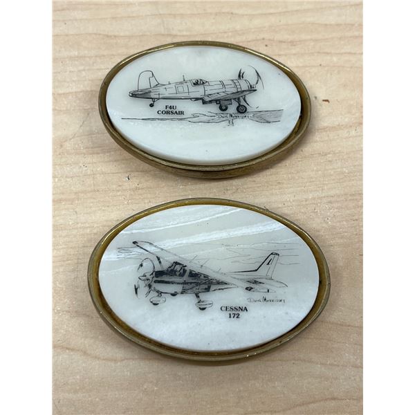 Doug Morrissey Etched Marble / Brass Cessna 172 & F4U Corsair Belt Buckles