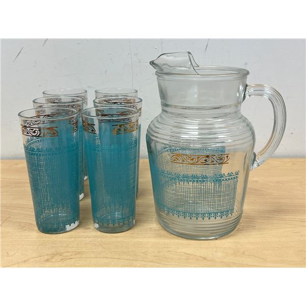 1950s Turquoise & Gold Pitcher with 6 Glasses - very nice condition