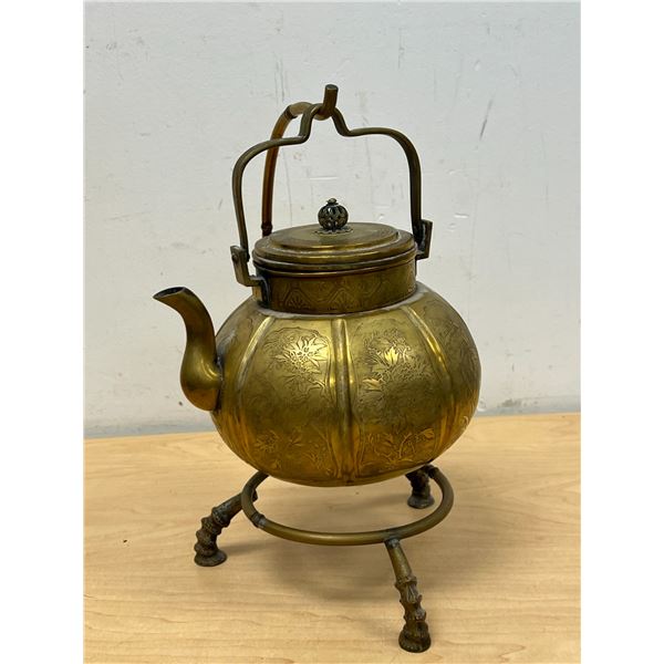 Unusual Highly Detailed Brass Teapot with Warming Stand