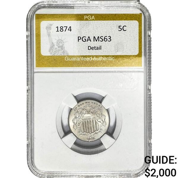 1874 Shield Nickel PGA MS63 Detail