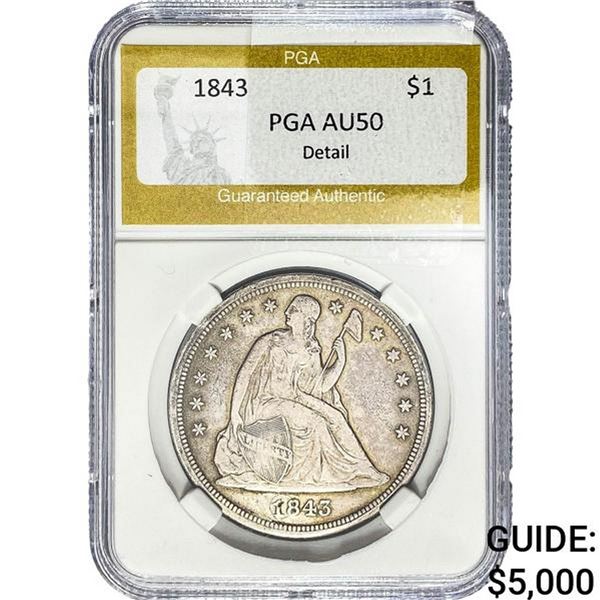 1843 Silver Liberty Seated Dollar PGA AU50 Detail