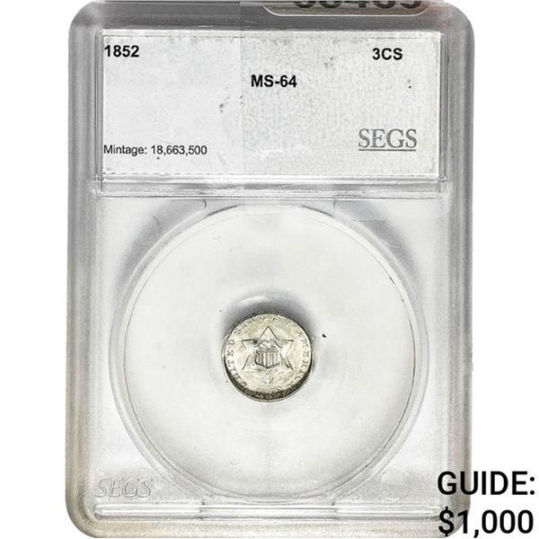 1852 Silver Three Cent SEGS MS64