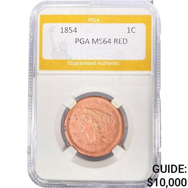 1854 Braided Hair Large Cent PGA MS64 Red