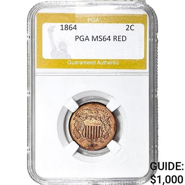1864 Two Cent Piece PGA MS64 RED