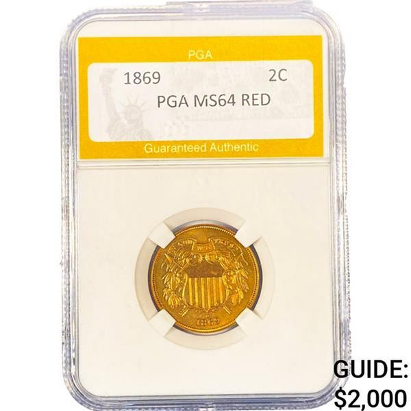 1869 Two Cent Piece PGA MS64 RED