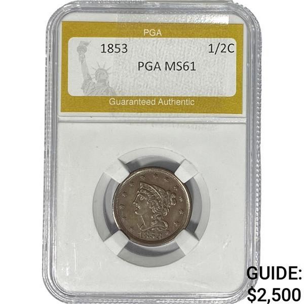 1853 Braided Hair Half Cent PGA MS61