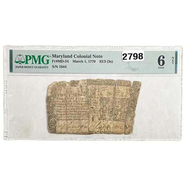 1770 $2/3 Maryland Colonial Note PMG 6 G