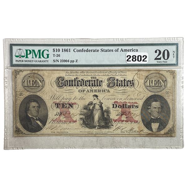 1861 $10 Confed. States of America Note PMG 20 VF
