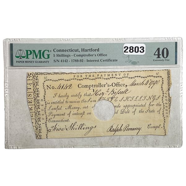 1789-92 5 Shillings C.T. Hartford Interest Certif. PMG 40 XF