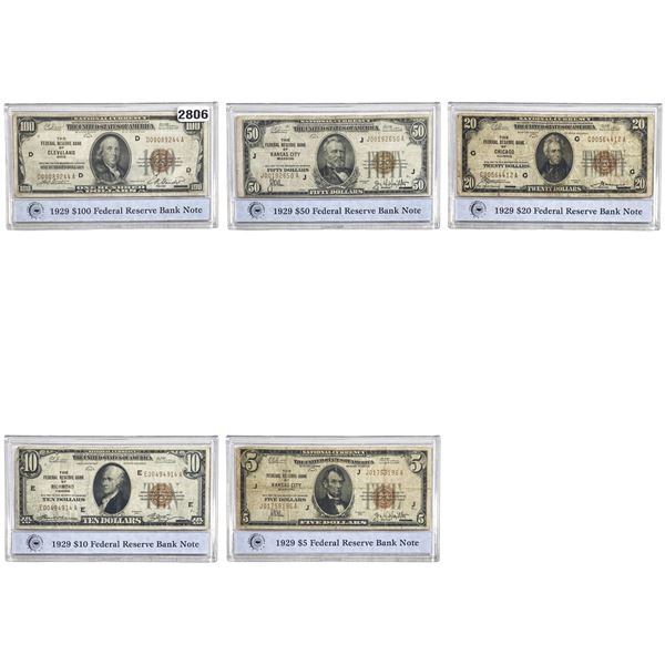 [5 Bills] 1929 $5-$100 Federal Reserve Notes PCS