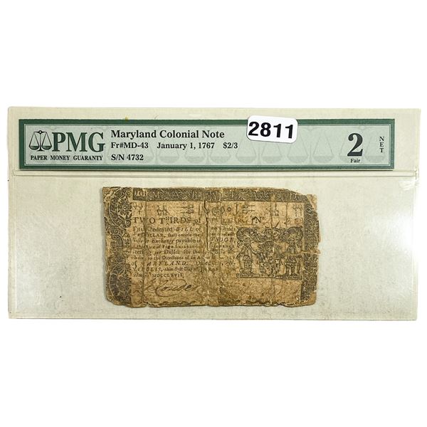 1767 $2/3 Maryland Colonial Note PMG 2 Fair