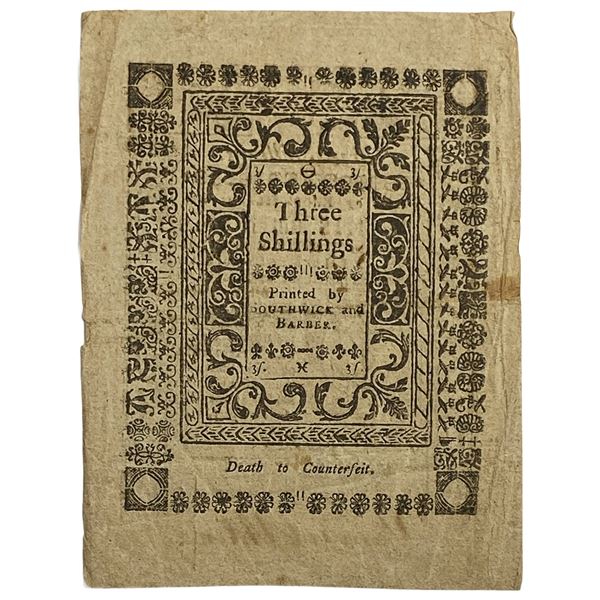 1786 Rhode Island 3 Shillings Note