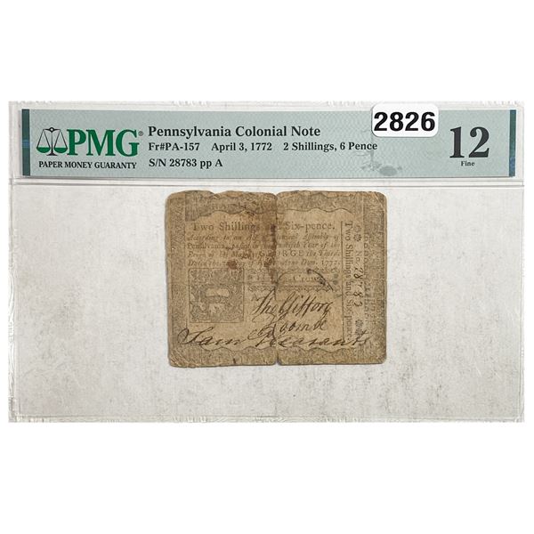 1772 2 Shillings Penn. Colonial Note PMG 12 F